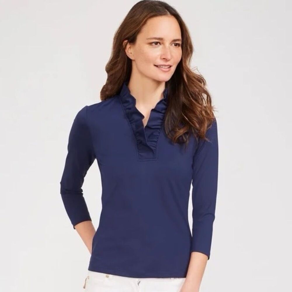 J.McLaughlin Durham Catalina Cloth Ruffle Top in Winter Navy Size Large EUC